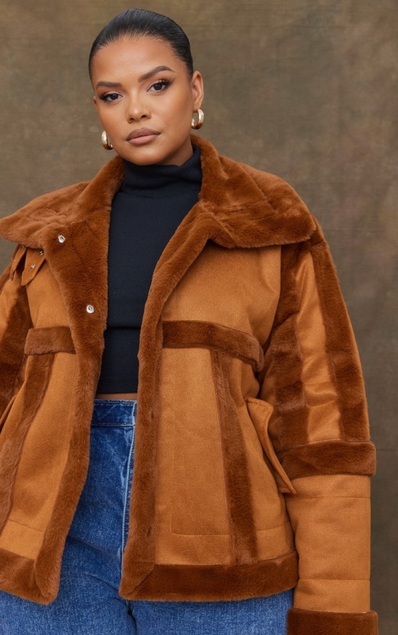 Brown Pretty Little Thing Plus Faux Suede Fur Trim Aviator Jackets | WKLJOUX-80