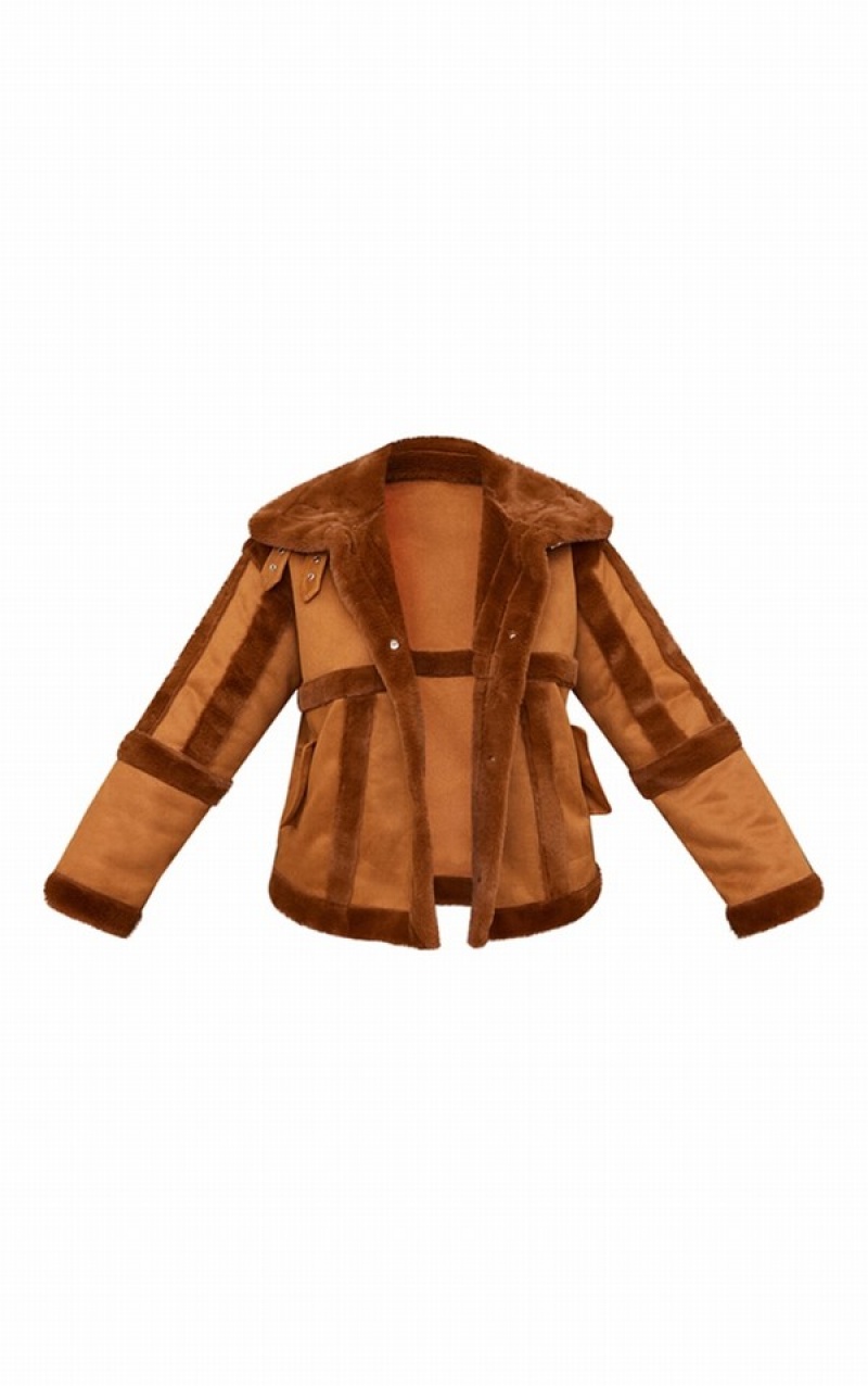 Brown Pretty Little Thing Plus Faux Suede Fur Trim Aviator Jackets | WKLJOUX-80