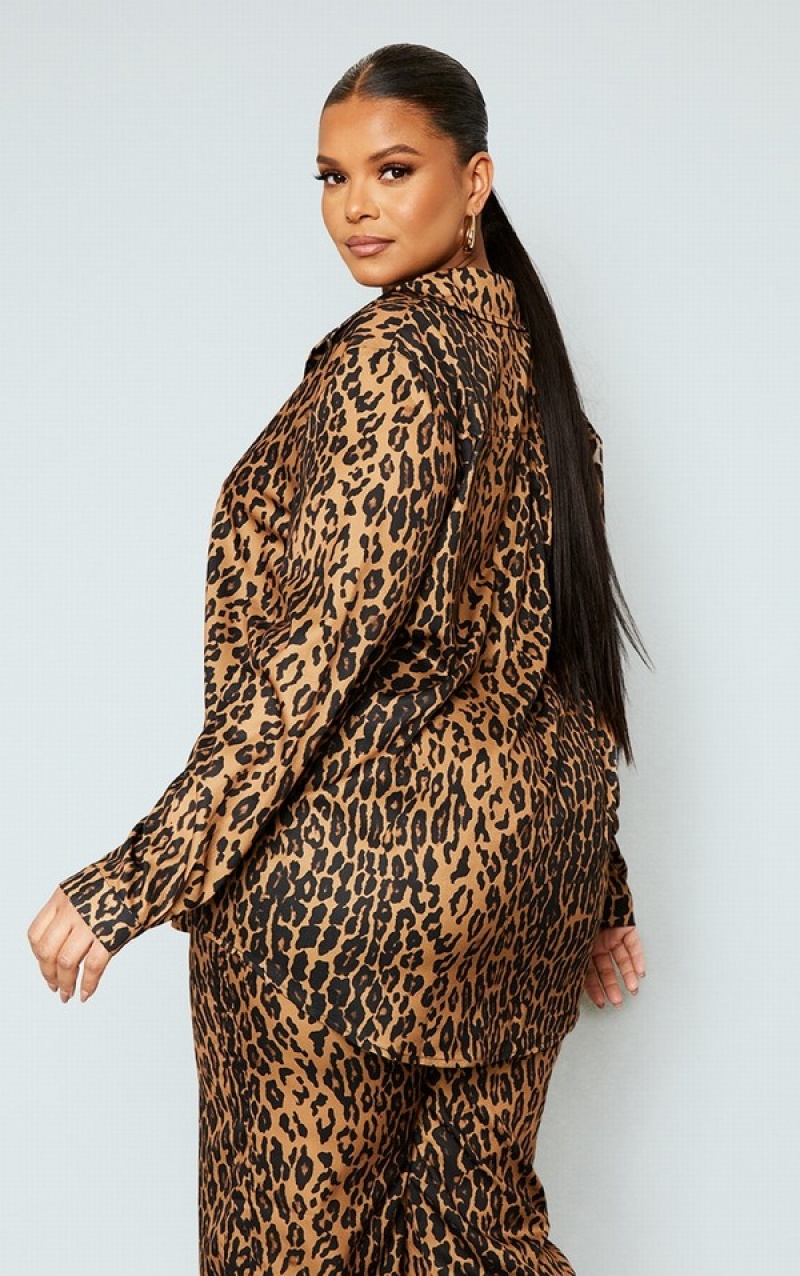 Brown Pretty Little Thing Plus Leopard Printed Oversized Shirts | SHKQTBV-56