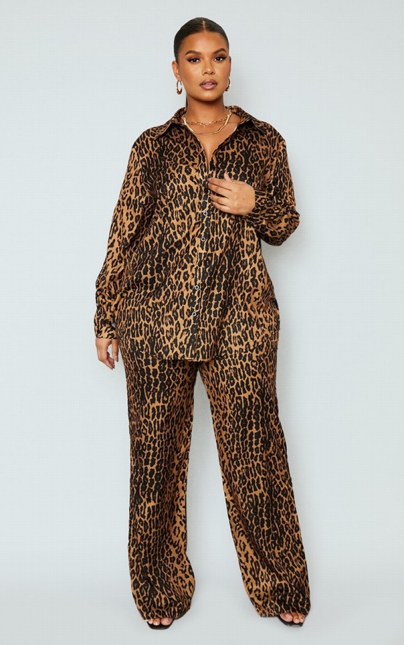 Brown Pretty Little Thing Plus Leopard Printed Oversized Shirts | SHKQTBV-56