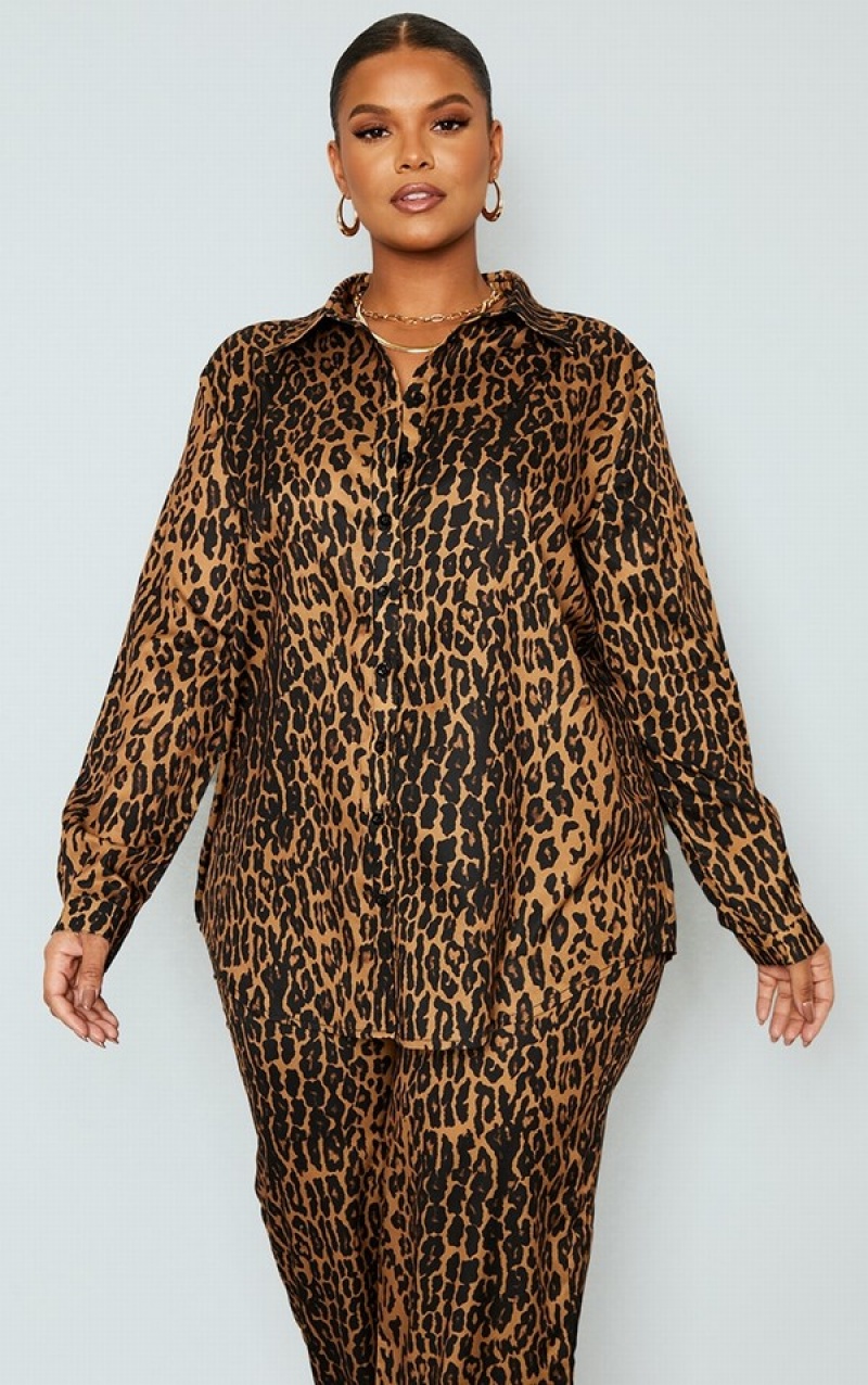 Brown Pretty Little Thing Plus Leopard Printed Oversized Shirts | SHKQTBV-56