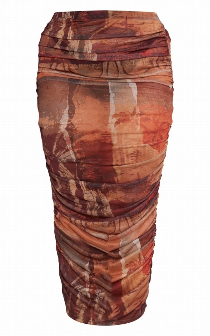 Brown Pretty Little Thing Plus Printed Mesh Ruched Midaxi Skirts | JBVMPQU-46