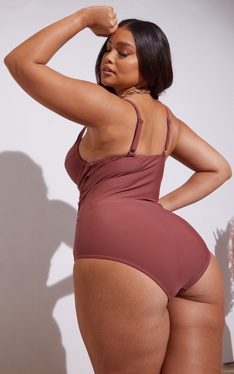 Brown Pretty Little Thing Plus Ruched Cupped Swimsuits | IAZBPSL-54