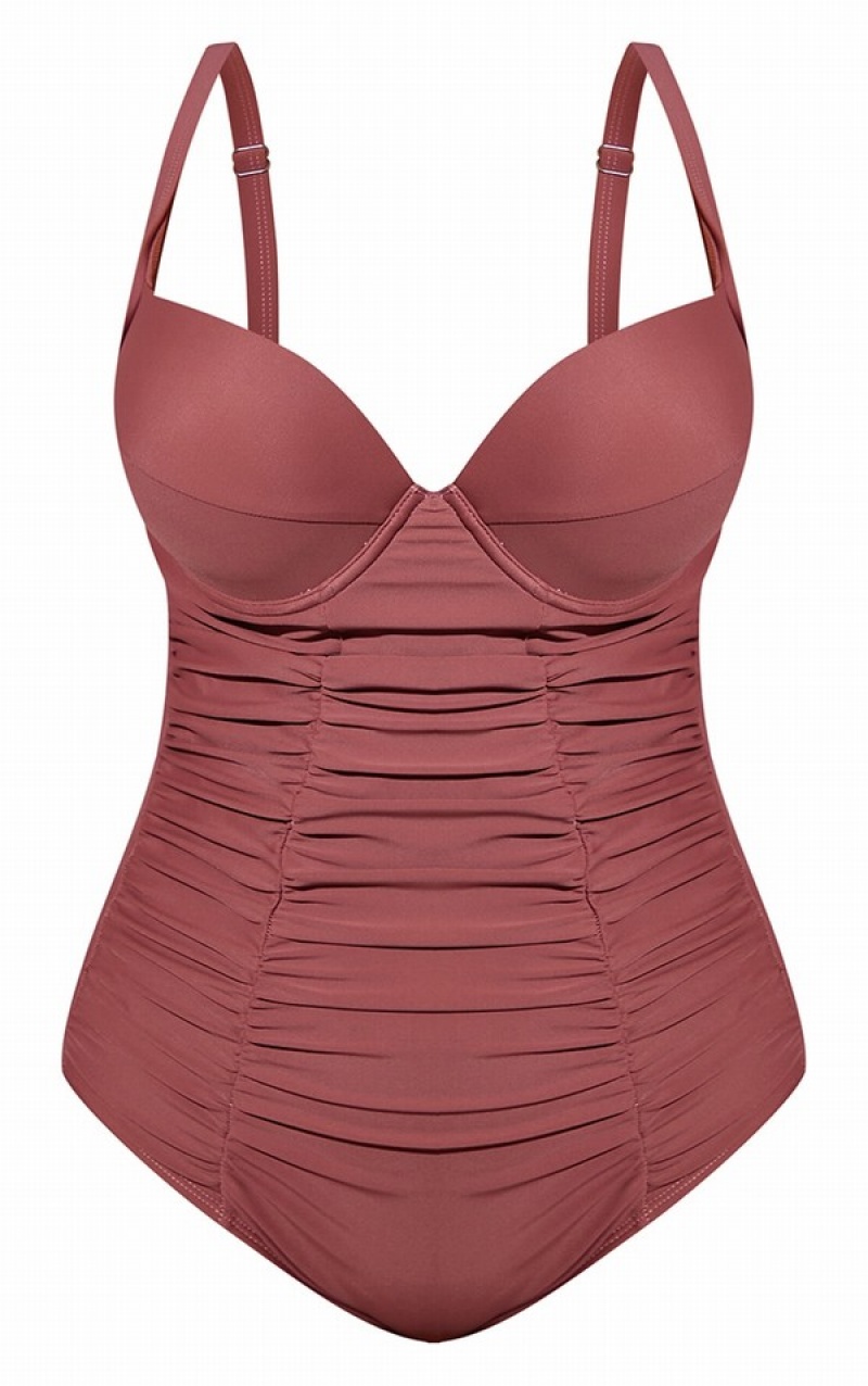 Brown Pretty Little Thing Plus Ruched Cupped Swimsuits | IAZBPSL-54