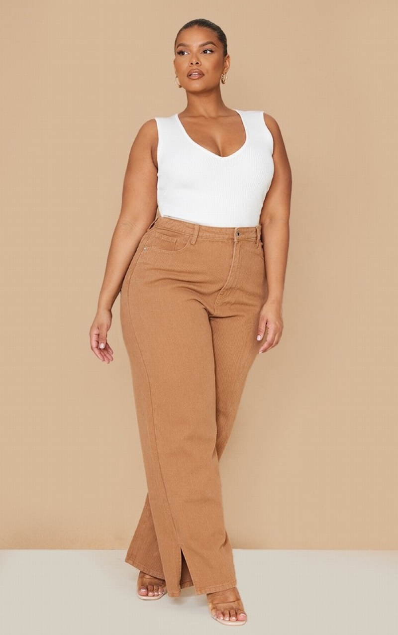 Brown Pretty Little Thing Plus Split Hem Jeans | SZQTOGA-35