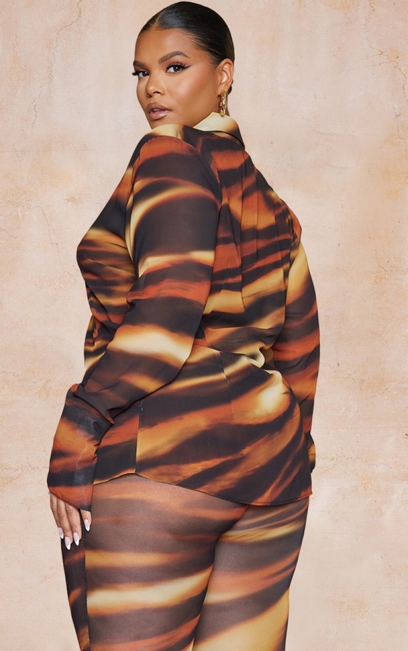 Brown Pretty Little Thing Plus Tiger Printed Fitted Chiffon Plunge Shirts | YWCZFTN-56