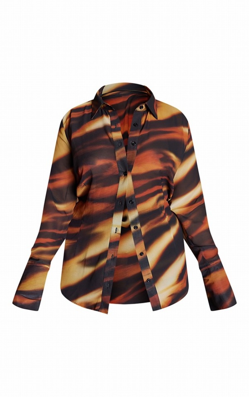 Brown Pretty Little Thing Plus Tiger Printed Fitted Chiffon Plunge Shirts | YWCZFTN-56