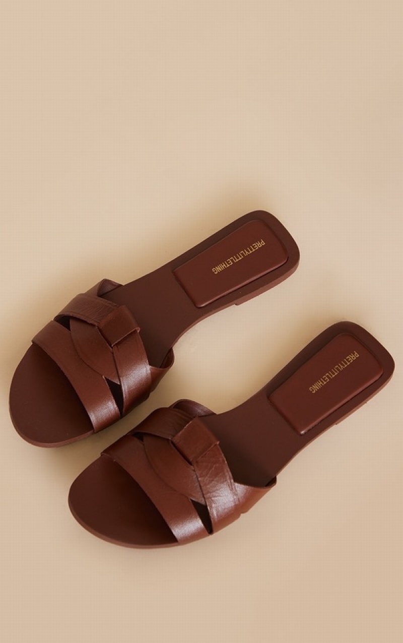 Brown Pretty Little Thing Real Leather Round Toe Strap Sandals | COUYDEK-10