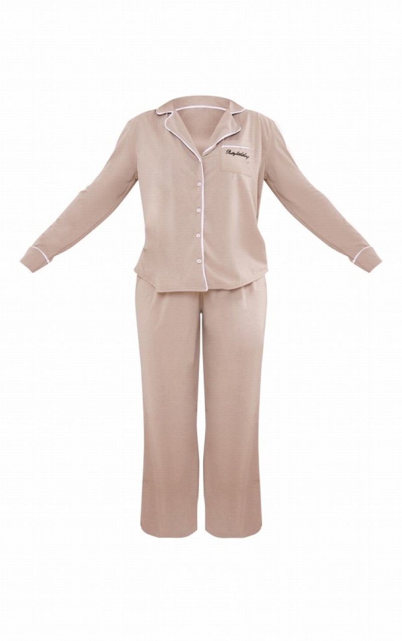 Brown Pretty Little Thing Sand EmbroideJersey Piping Detail Long PJ Sleepwear | QJEXPRO-82