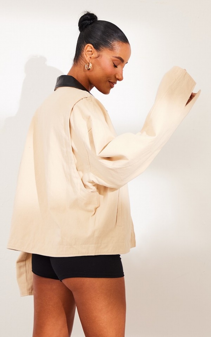 Brown Pretty Little Thing Sand Faux Leather Collar Oversized Cotton Jackets | CKABDYE-94