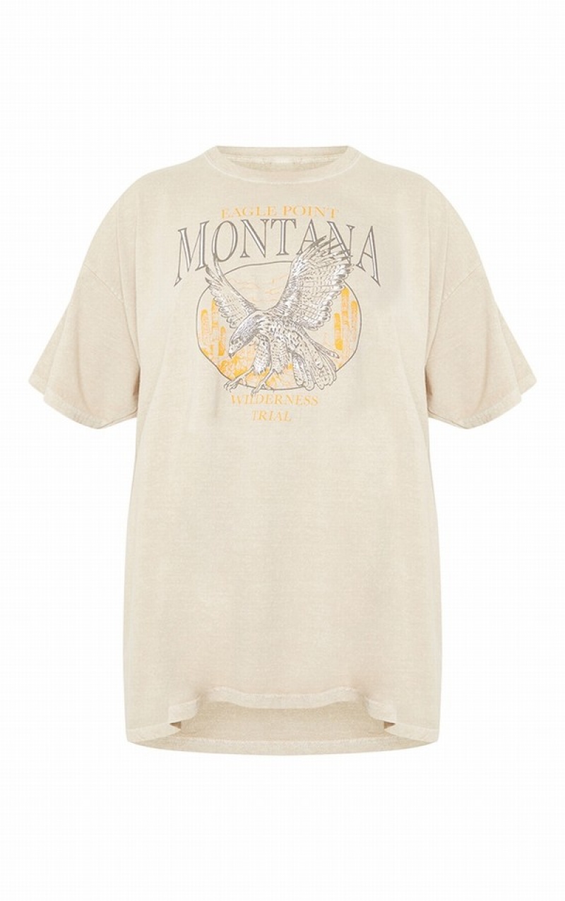 Brown Pretty Little Thing Sand Montana Logo Oversized Washed T-shirts | WUSROGP-21