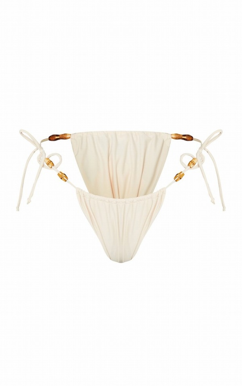 Brown Pretty Little Thing Sand Wooden Bead Ruched Tanga Tie Side Bikini Bottoms | KJNQHSP-02