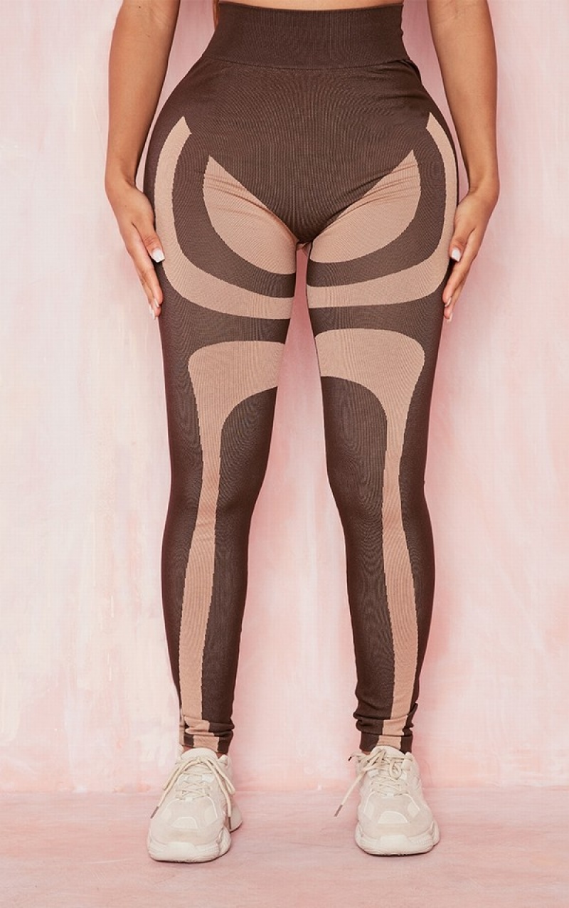 Brown Pretty Little Thing Shape Brownnded Contour Detail Gym Leggings | DXOJMAE-82