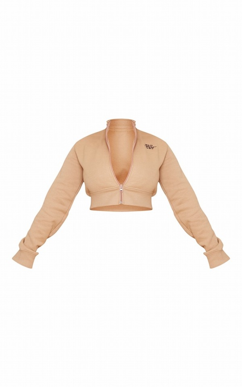 Brown Pretty Little Thing Shape Camel EmbroideCropped Zip Sweatshirts | ELQWNUP-08