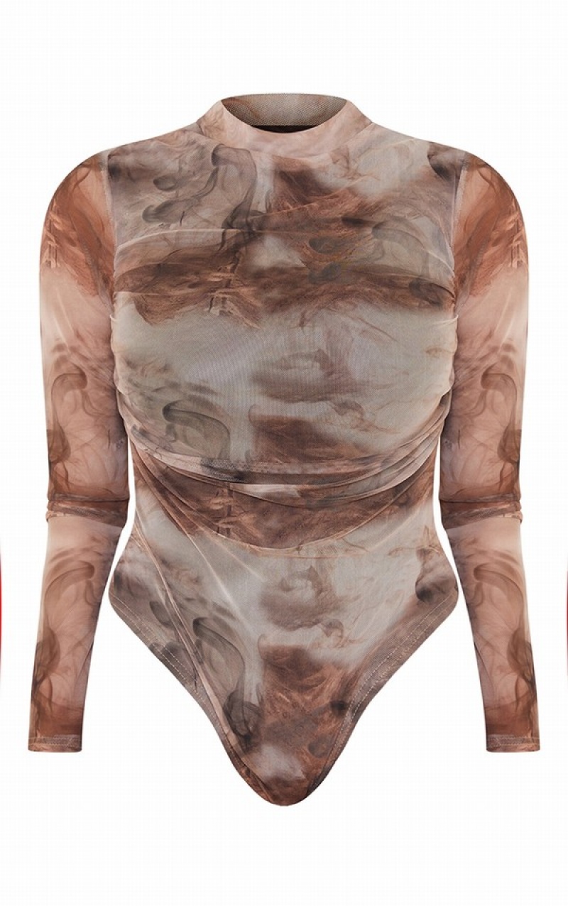 Brown Pretty Little Thing Shape Smoke Print Mesh Ruched High Neck Bodysuits | IEUHMYS-02