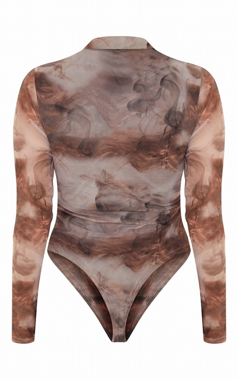 Brown Pretty Little Thing Shape Smoke Print Mesh Ruched High Neck Bodysuits | IEUHMYS-02