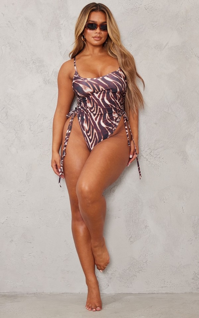 Brown Pretty Little Thing Shape Zebra Print Ruched Side High Rise Swimsuits | LFBJERP-87