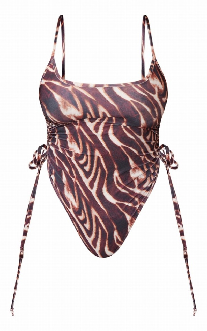 Brown Pretty Little Thing Shape Zebra Print Ruched Side High Rise Swimsuits | LFBJERP-87