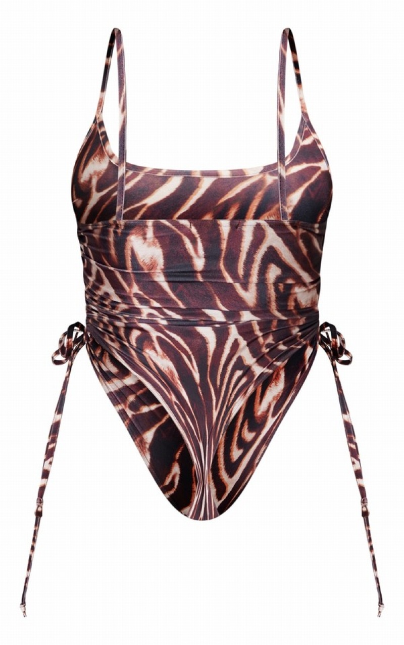 Brown Pretty Little Thing Shape Zebra Print Ruched Side High Rise Swimsuits | LFBJERP-87