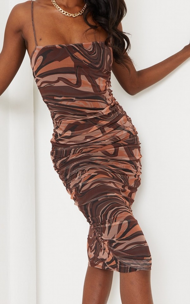 Brown Pretty Little Thing Tall Swirl Print Mesh Ruched Dresses | LESYJDK-53