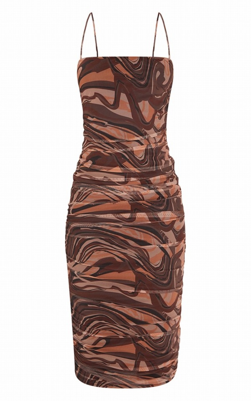 Brown Pretty Little Thing Tall Swirl Print Mesh Ruched Dresses | LESYJDK-53