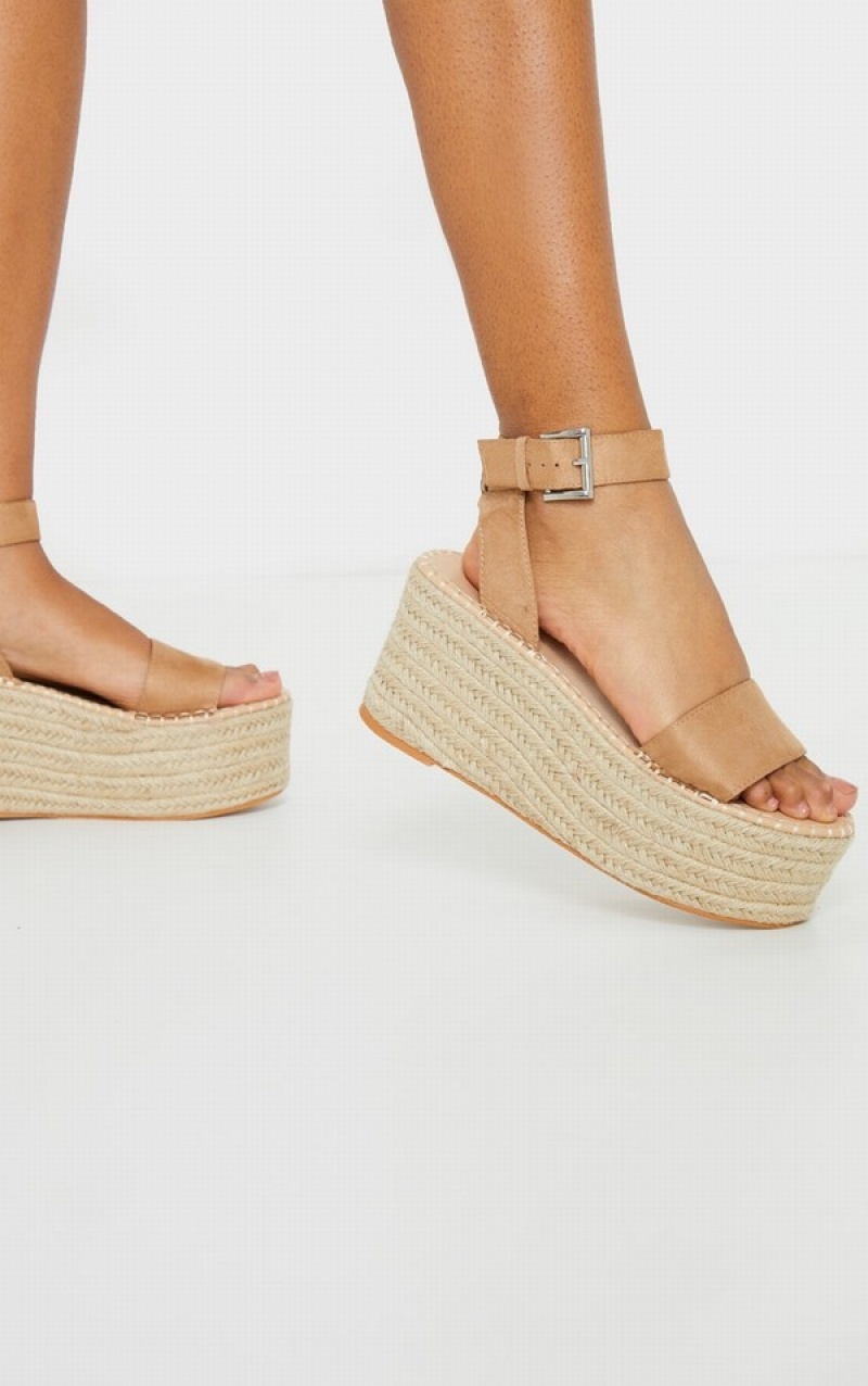 Brown Pretty Little Thing Tan Buckle Ankle Strapform Espadrille Sandals | PBALDZO-52