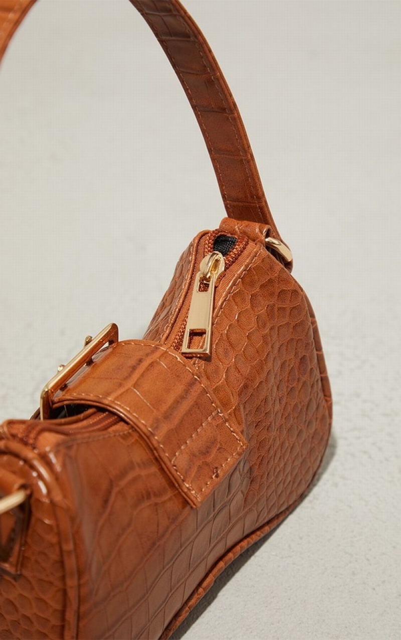 Brown Pretty Little Thing Tan Croc Buckle Shoulder Bags | VLEPZGT-31