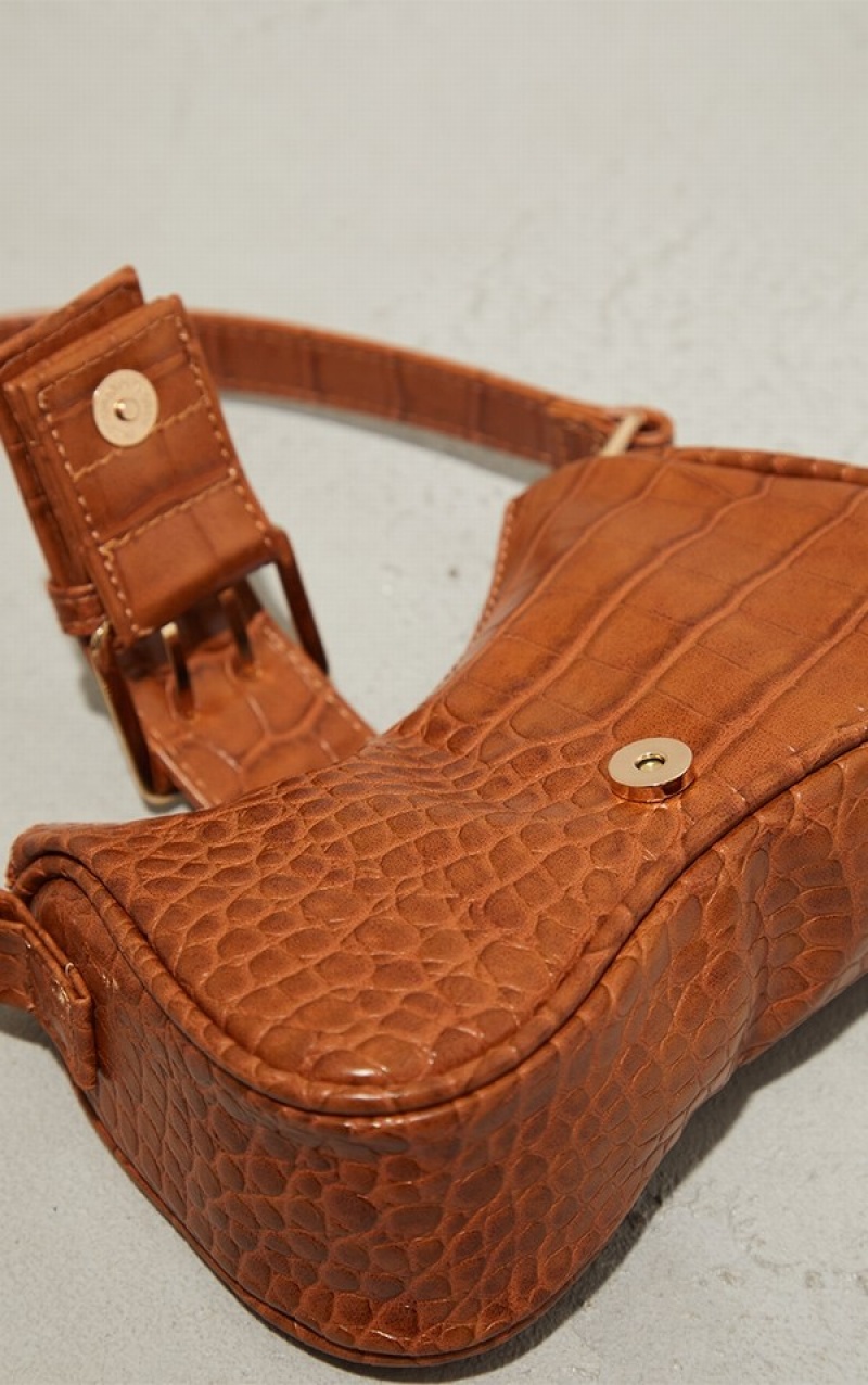 Brown Pretty Little Thing Tan Croc Buckle Shoulder Bags | VLEPZGT-31