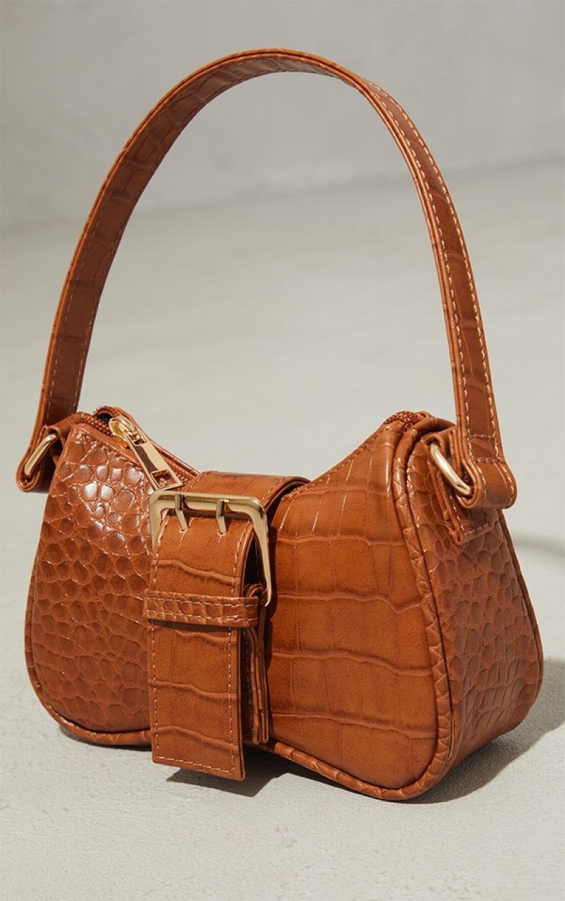 Brown Pretty Little Thing Tan Croc Buckle Shoulder Bags | VLEPZGT-31