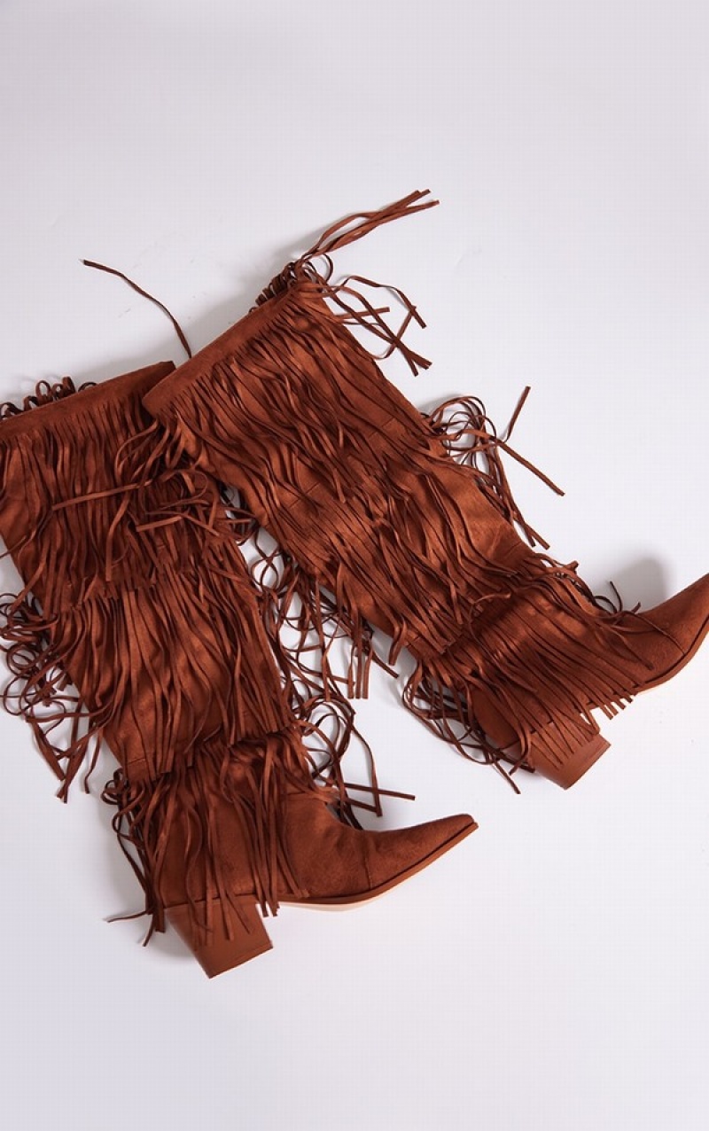 Brown Pretty Little Thing Tan Faux Suede Fringe Western Block Knee Boots | DNSGEWH-30