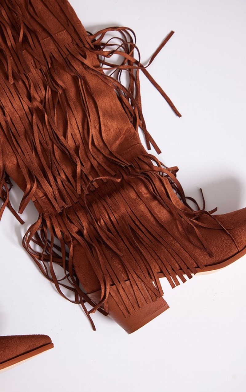 Brown Pretty Little Thing Tan Faux Suede Fringe Western Block Knee Boots | DNSGEWH-30