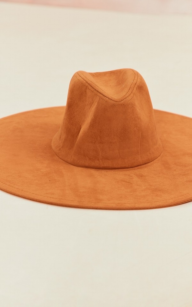 Brown Pretty Little Thing Tan Faux Suede Extra Wide Brim Fedora Hats | OFTMYKS-41