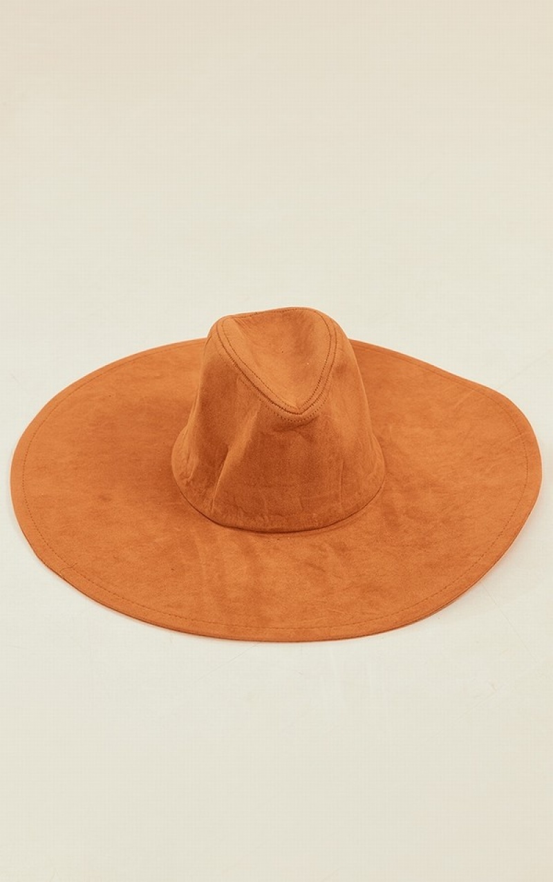 Brown Pretty Little Thing Tan Faux Suede Extra Wide Brim Fedora Hats | OFTMYKS-41