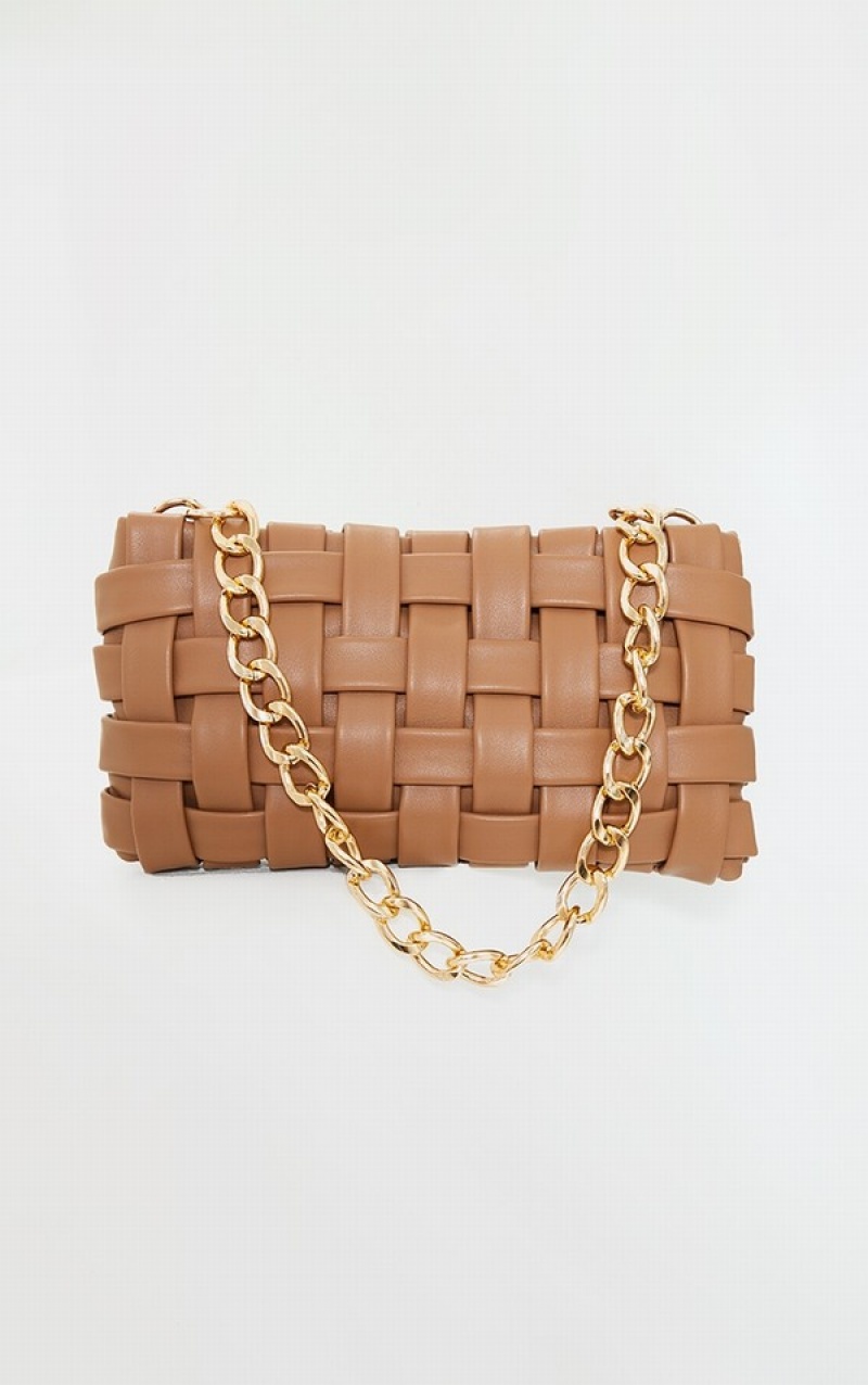 Brown Pretty Little Thing Tan Oversized Weave With Chain Shoulder Bags | XRDVAKT-84