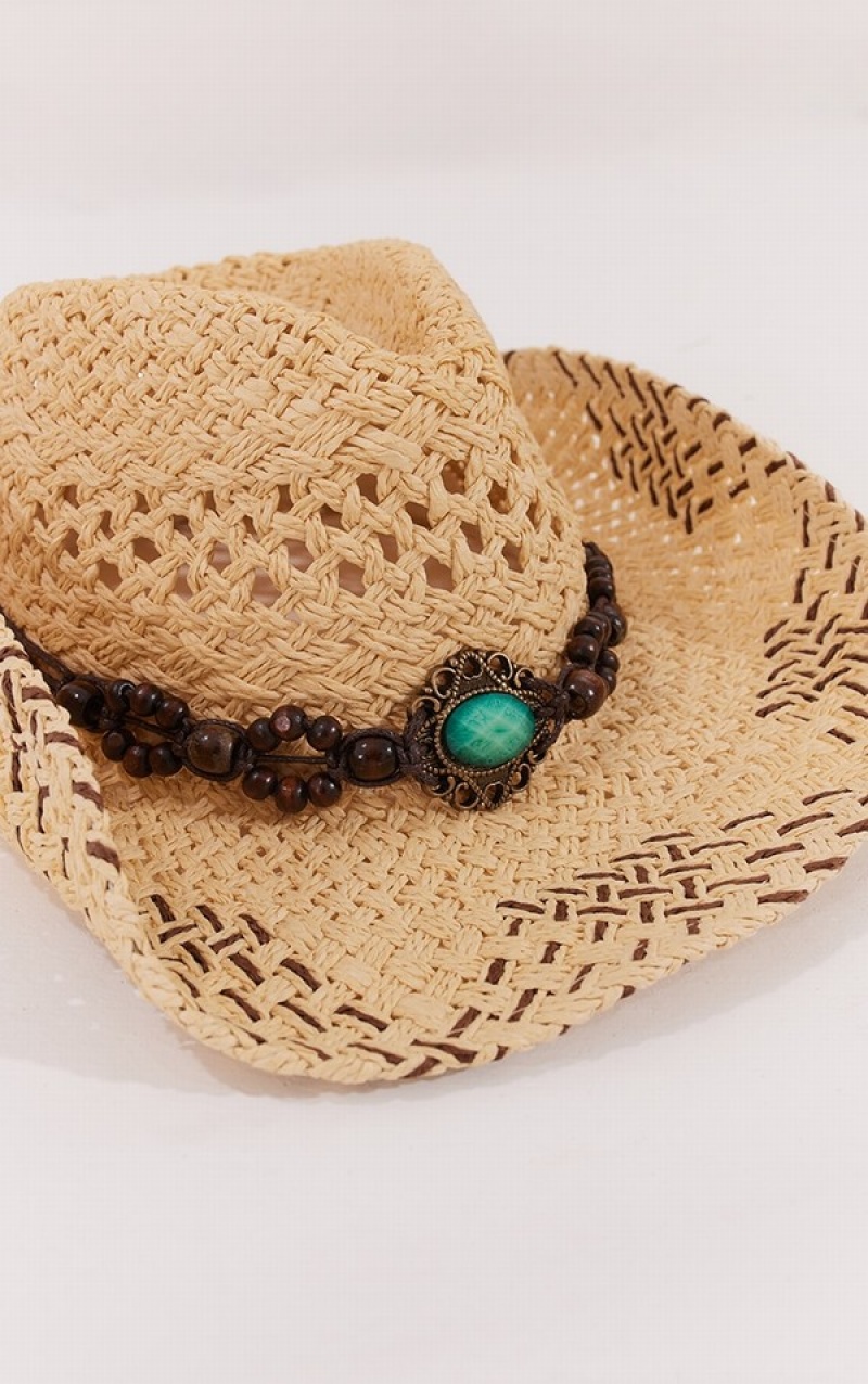 Brown Pretty Little Thing Tan Straw Beaded Cowboy Hats | LMYDTUB-84