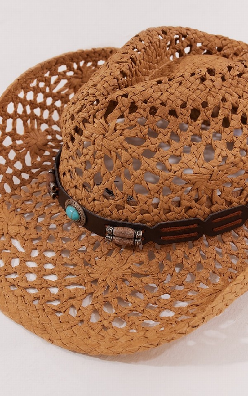 Brown Pretty Little Thing Tan Straw Rope Cowboy Hats | JZTSHGW-58