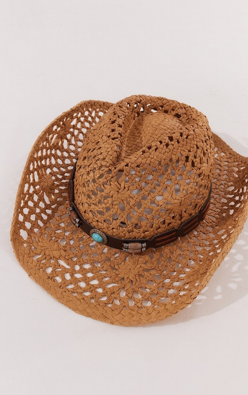 Brown Pretty Little Thing Tan Straw Rope Cowboy Hats | JZTSHGW-58