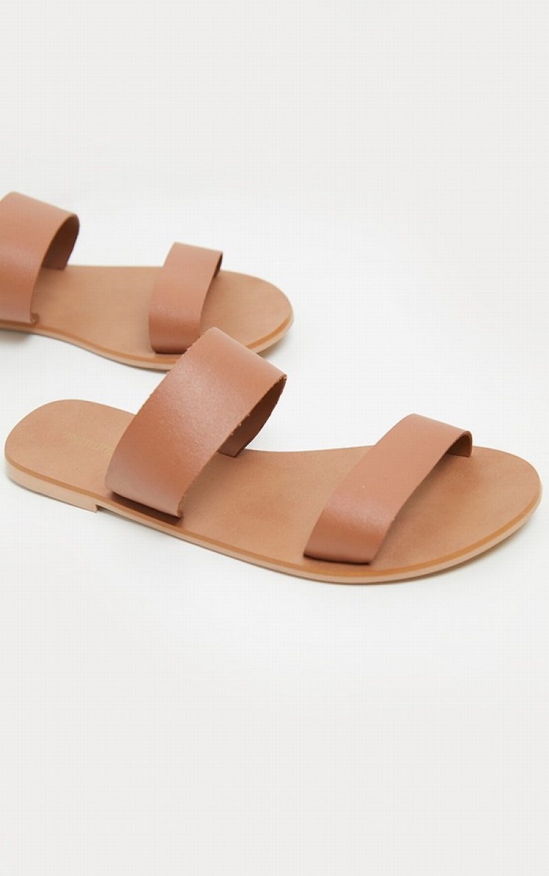 Brown Pretty Little Thing Tan Twin Strap Basic Leather Sandals | GVCJUBM-59