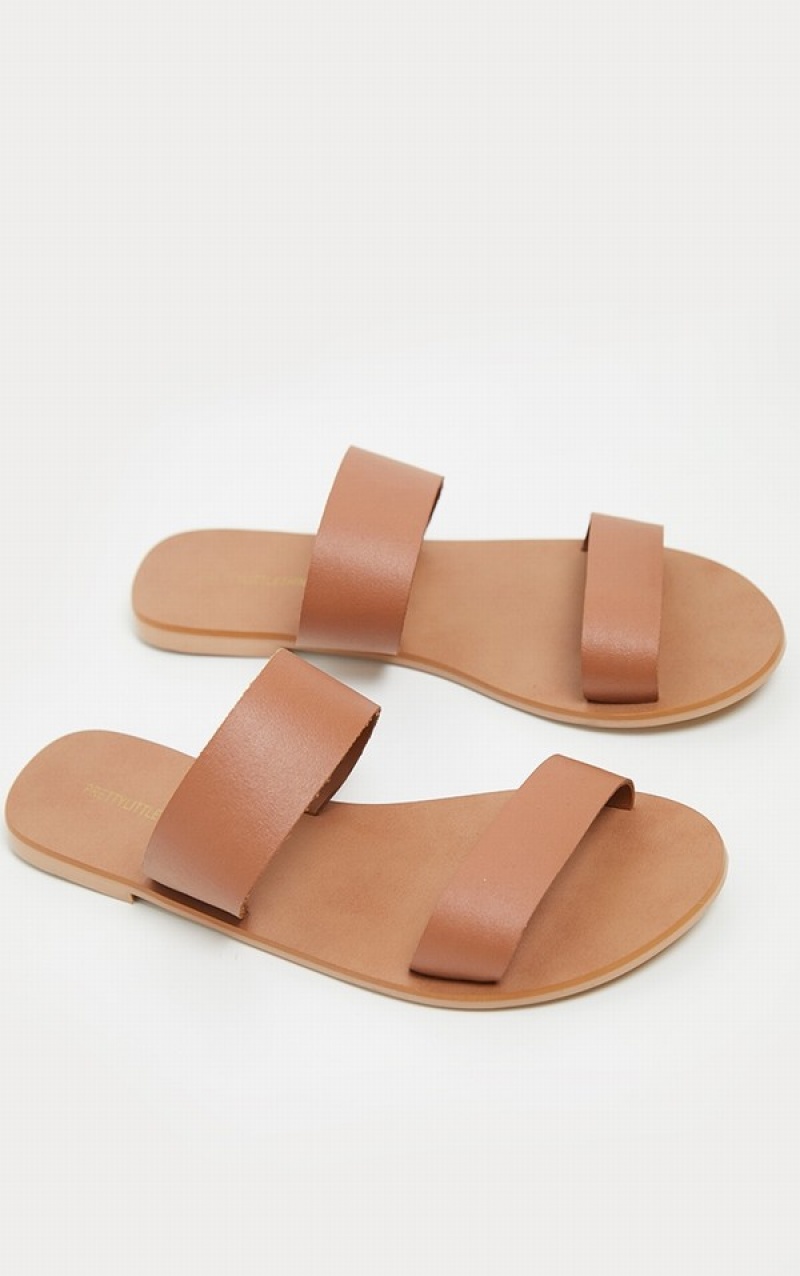 Brown Pretty Little Thing Tan Twin Strap Basic Leather Sandals | GVCJUBM-59