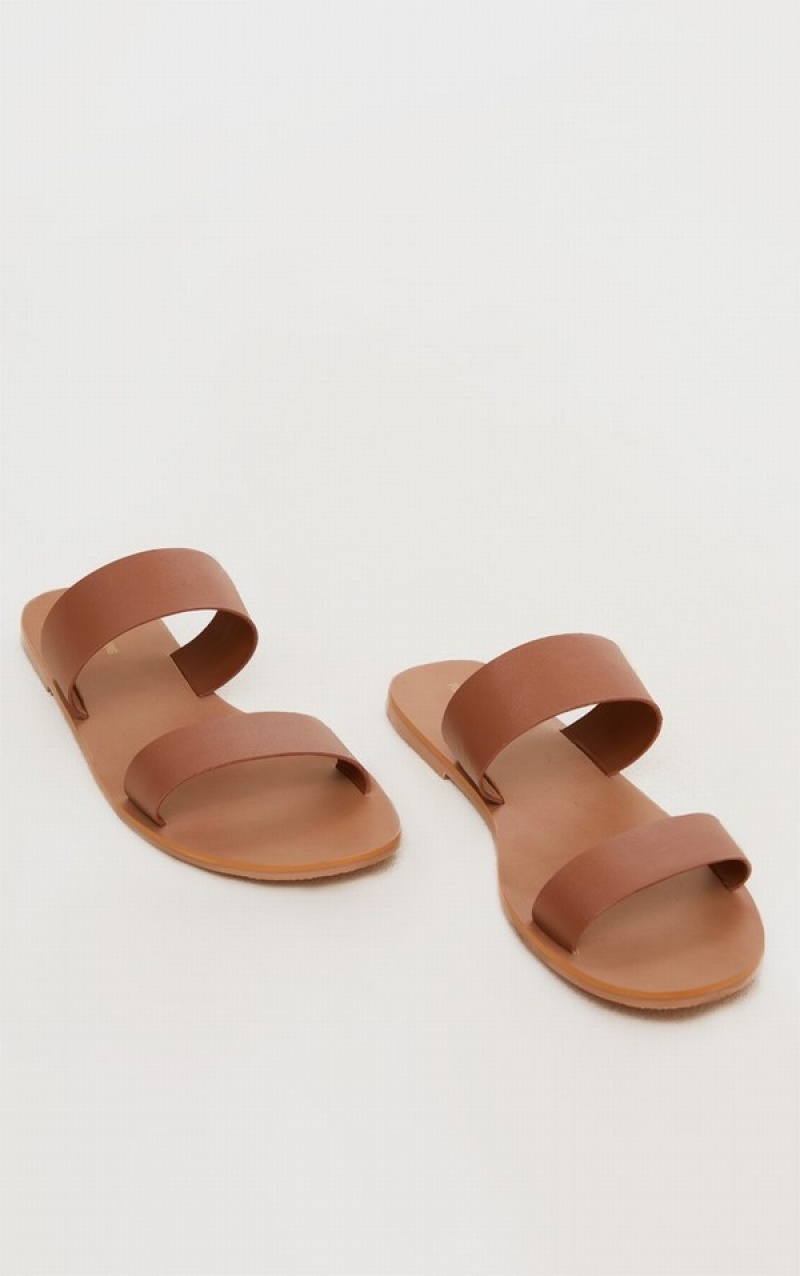 Brown Pretty Little Thing Tan Wide Fit Leather Twin Strap Sandals | KLTDIRY-47