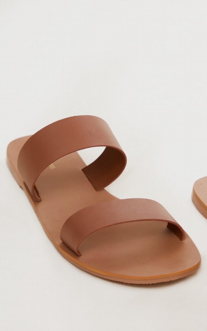 Brown Pretty Little Thing Tan Wide Fit Leather Twin Strap Sandals | KLTDIRY-47