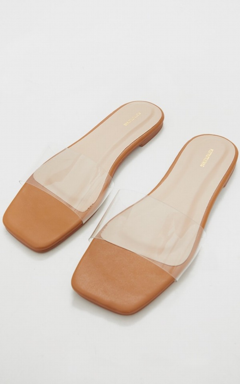 Brown Pretty Little Thing Tan Wide Fit PU Clear Strap Sandals | JNXRDPC-49