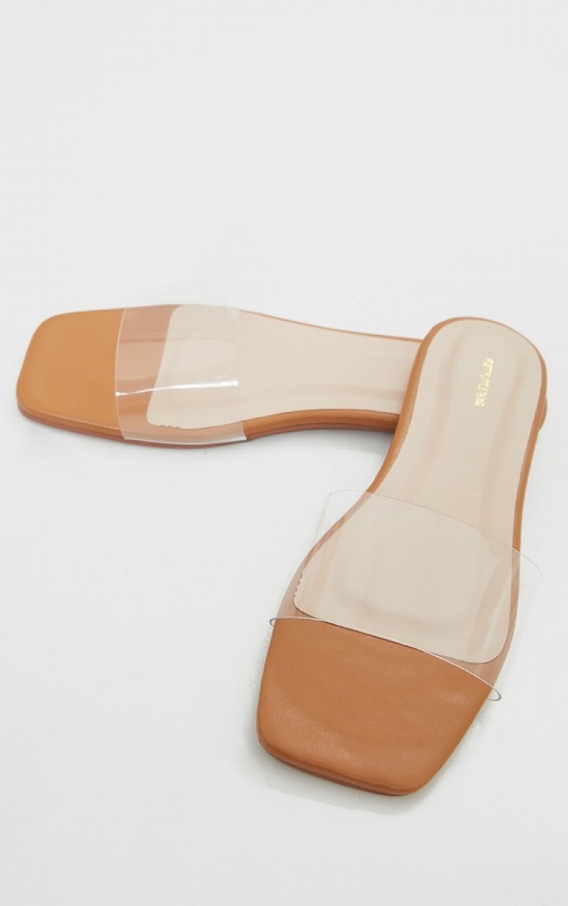 Brown Pretty Little Thing Tan Wide Fit PU Clear Strap Sandals | JNXRDPC-49