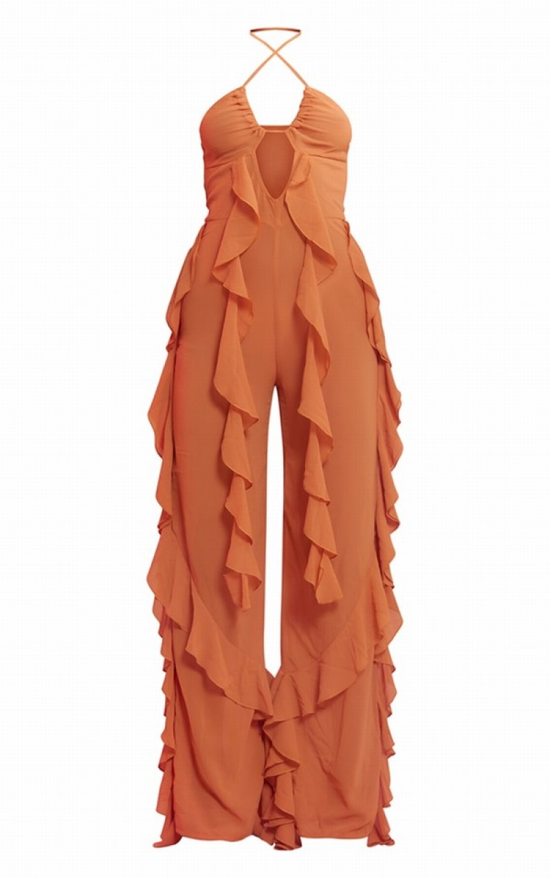 Brown Pretty Little Thing Tobacco Halterneck Ruffle Wide Leg Jumpsuits | OCIXBTH-26