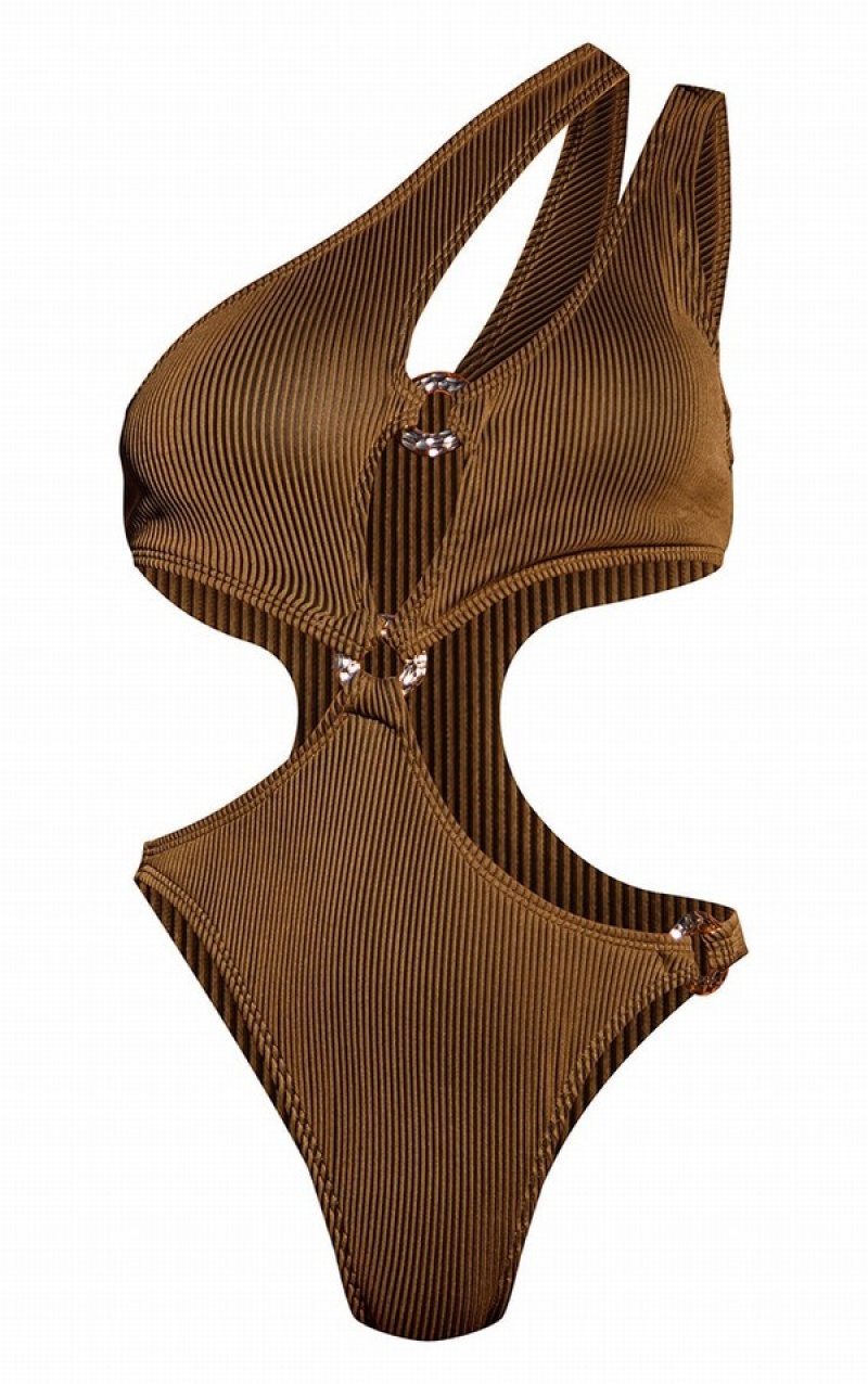 Brown Pretty Little Thing Tobacco Rib Swimsuits | UGSJCTO-05