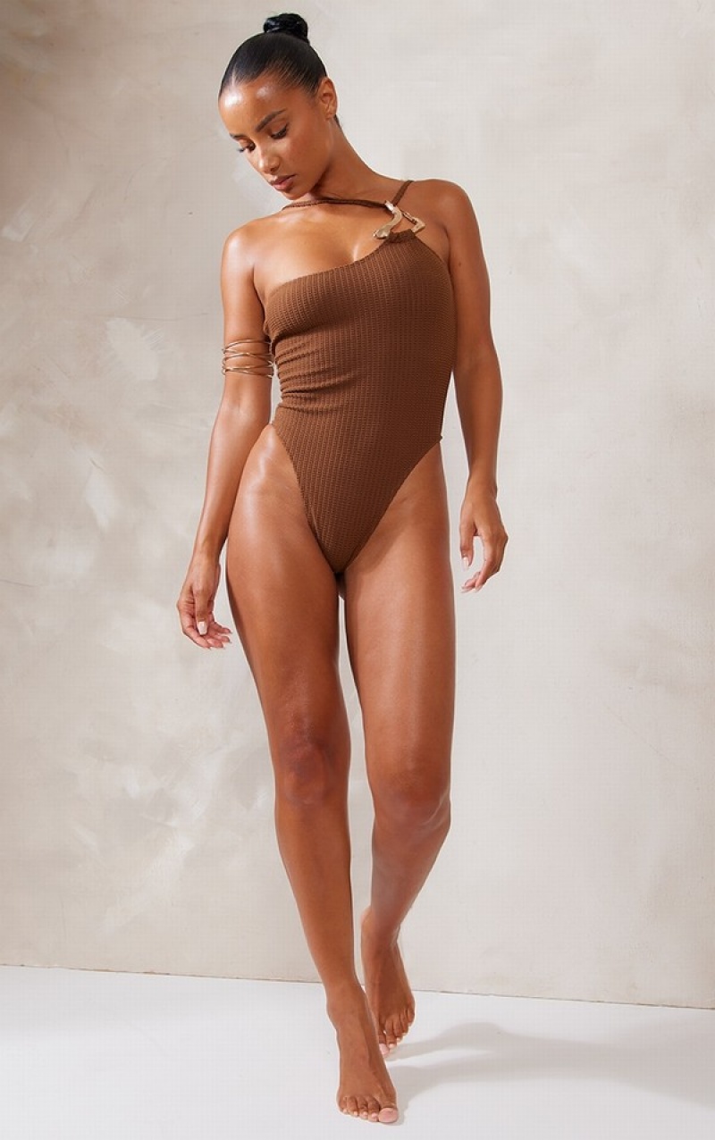 Brown Pretty Little Thing Trim Asymmetric Waffle Swimsuits | LYPROHC-23