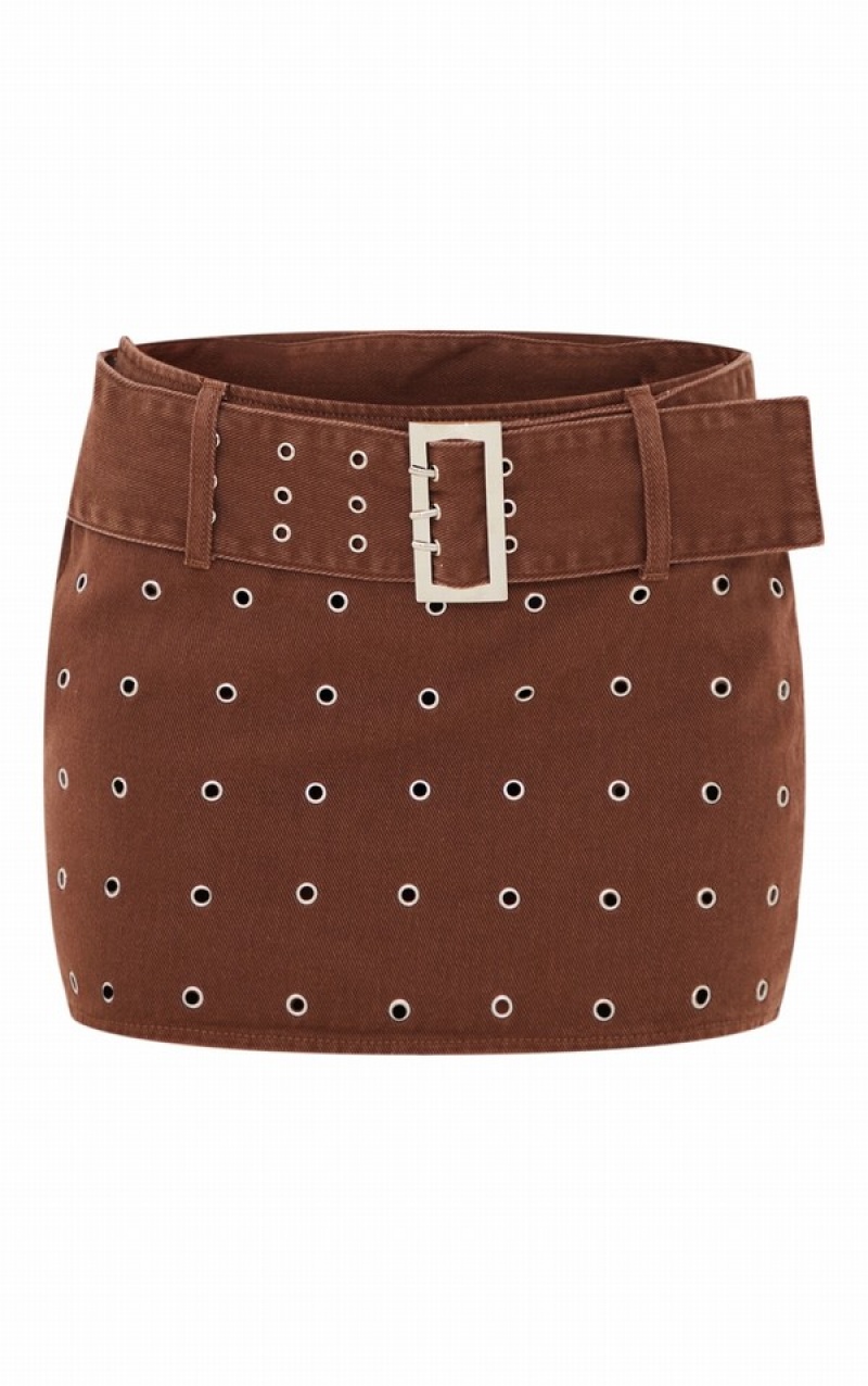 Brown Pretty Little Thing Washed Eyelet Detail Skirts | UKVLXNQ-73