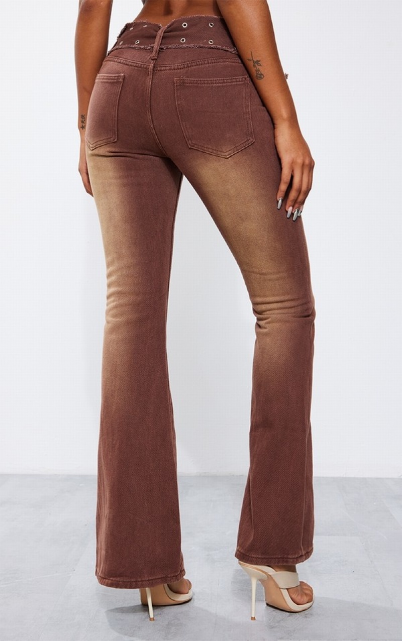 Brown Pretty Little Thing Washed Eyelet Detail ed Flared Jeans | LWNOTVS-51