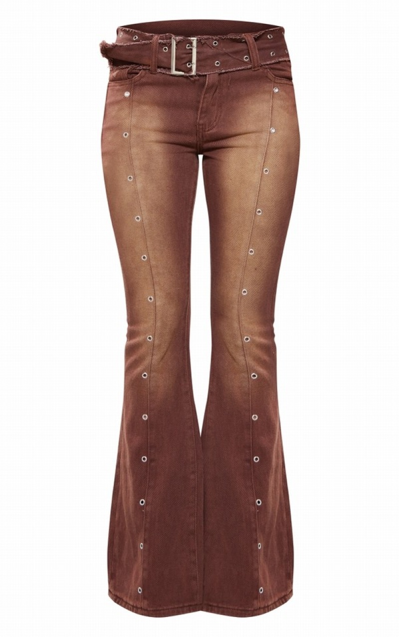 Brown Pretty Little Thing Washed Eyelet Detail ed Flared Jeans | LWNOTVS-51