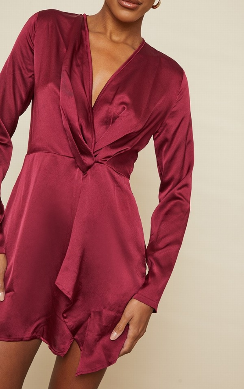 Burgundy Pretty Little Thing Burgundy Satin Long Sleeve Wrap Dresses | WETYLNU-96